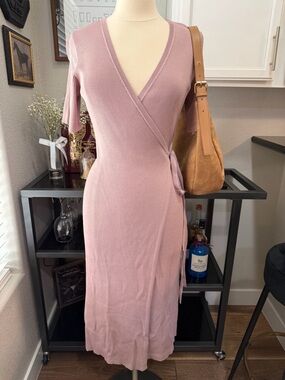Women's Dusty Rose Wrap Midi Dress - Elegant Knit